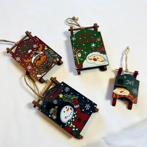 Primitive Farmhouse Christmas Bundle Of 4 Wooden Sled Tree Ornaments